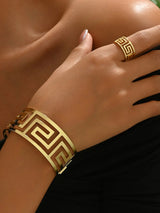 18K Gold-Plated Stainless Steel Geometric Bracelet and Ring Jewelry Set - Gold / One Size - Image 3