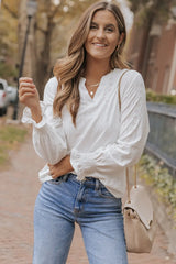 Openwork Notched Flounce Sleeve Blouse - White / S - Image 6