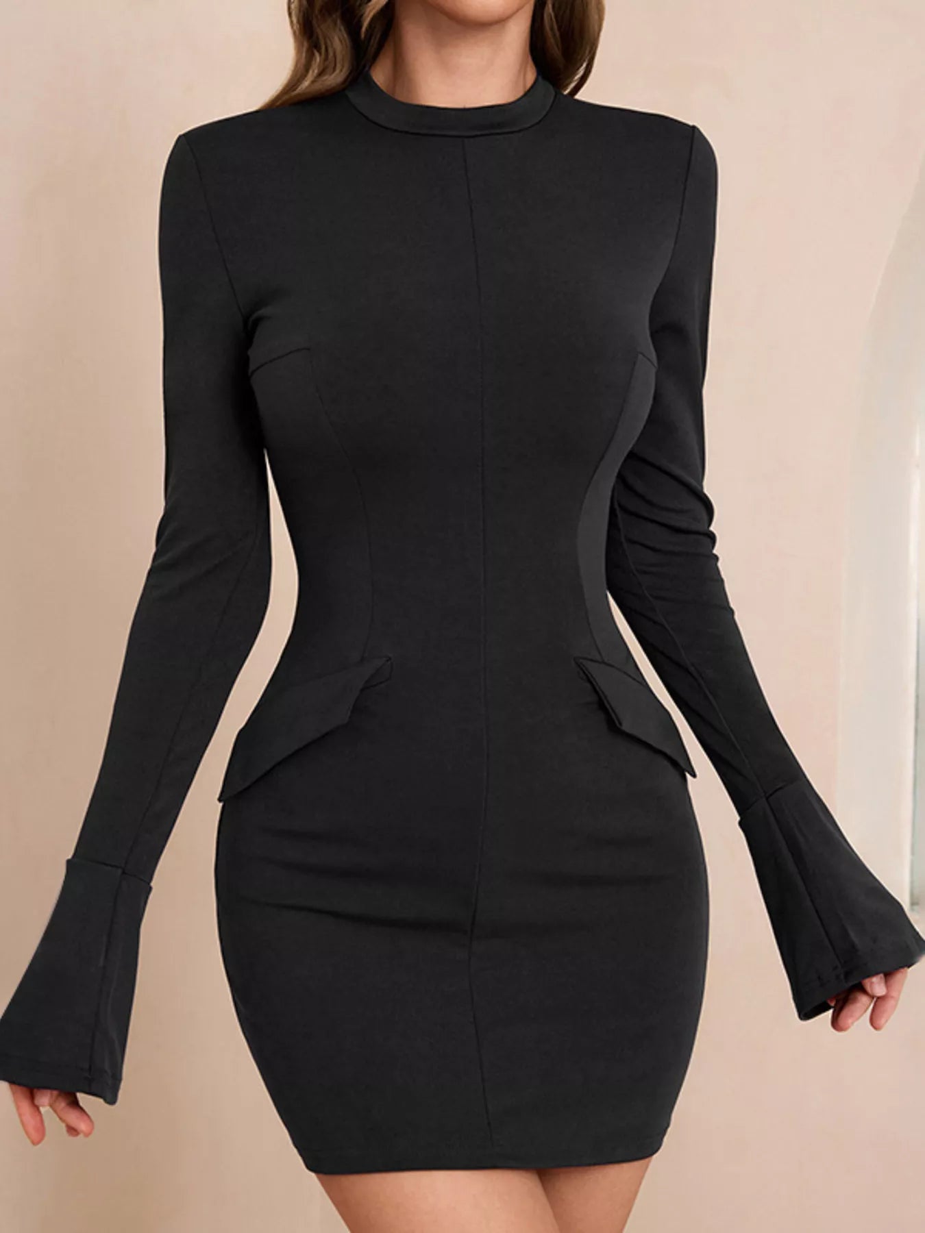 flared sleeve bodycon mini dress Bell-Sleeve Mock-Neck Slightly Stretchy over ruching through the Black silk robe Zimmermann Natura Mini Dress Color:Winter White/Champagne