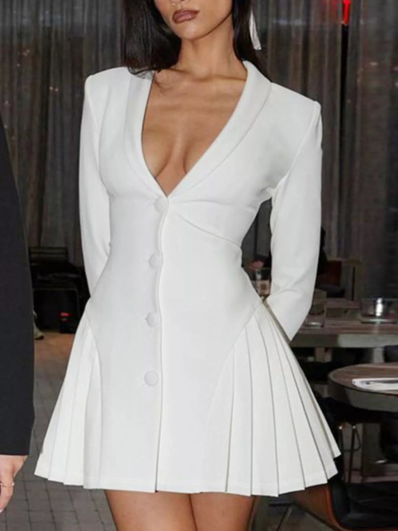 long sleeve button front pleated blazer dress in white woven Button Down Blazer Pleated Mini Dress – Nordavory