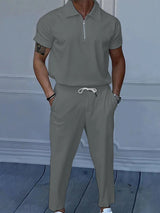 Men's Full Size Quarter Zip Short Sleeve Polo and Pants Set Plus Size - White / S - Image 12