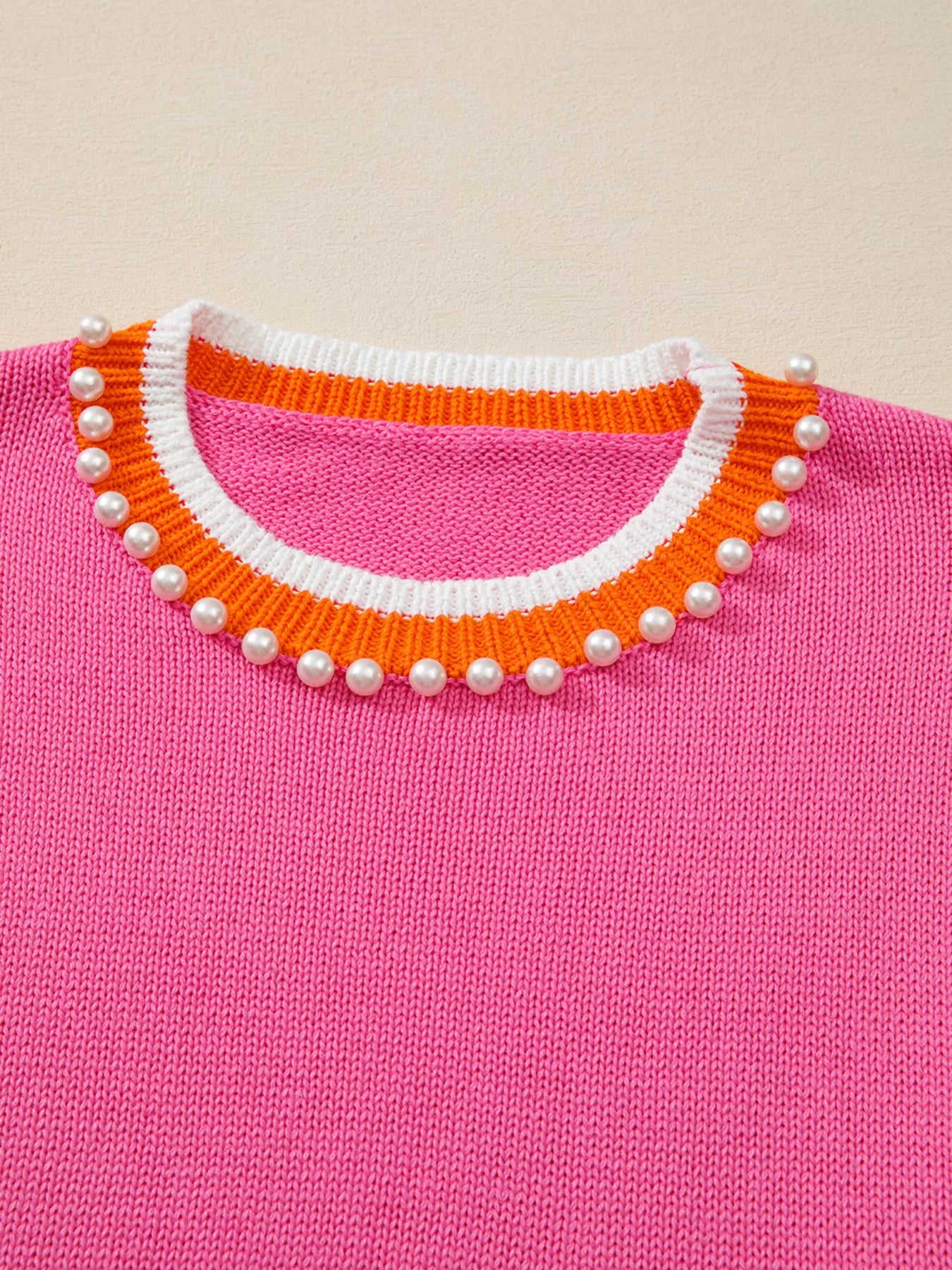 Contrast Crew Neck Pearled Decor Drop Shoulder Knit Sweater-Nordavory