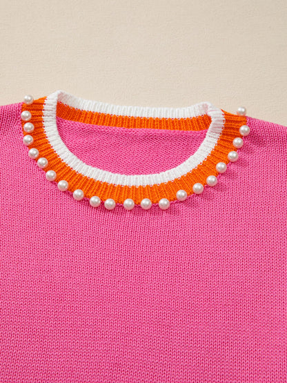 Contrast Crew Neck Pearled Decor Drop Shoulder Knit Sweater-Nordavory