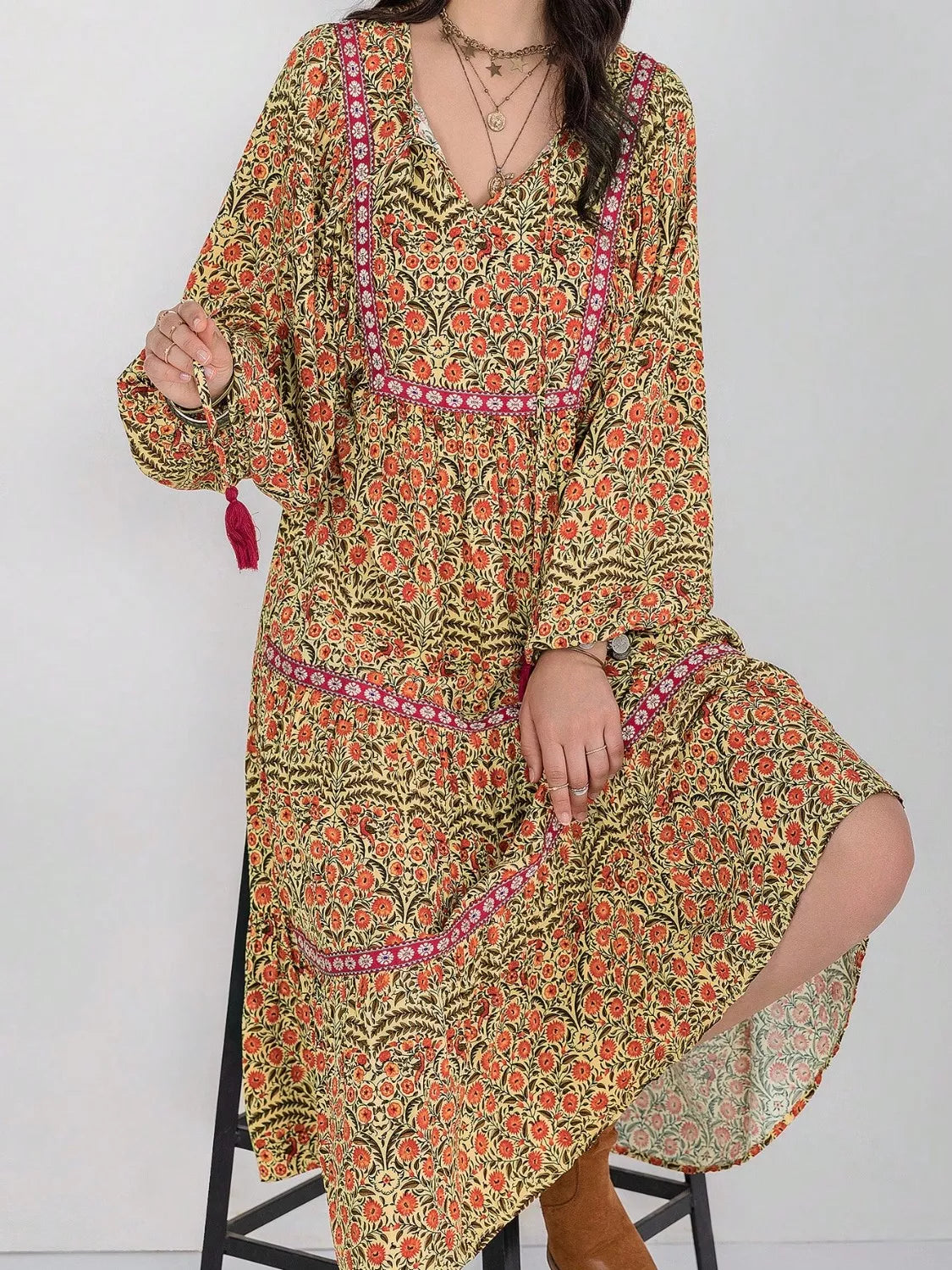 Floral Tiered Midi Dress with Balloon Sleeves-Nordavory