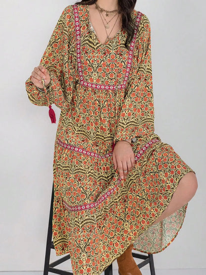 Floral Tiered Midi Dress with Balloon Sleeves-Nordavory