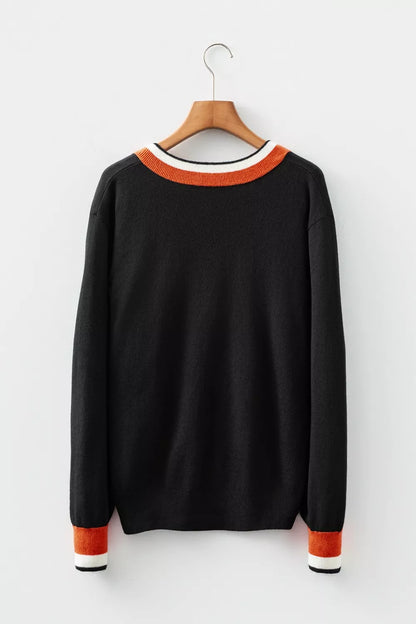 Contrast Striped Trim V Neck Varsity Sweater-Nordavory
