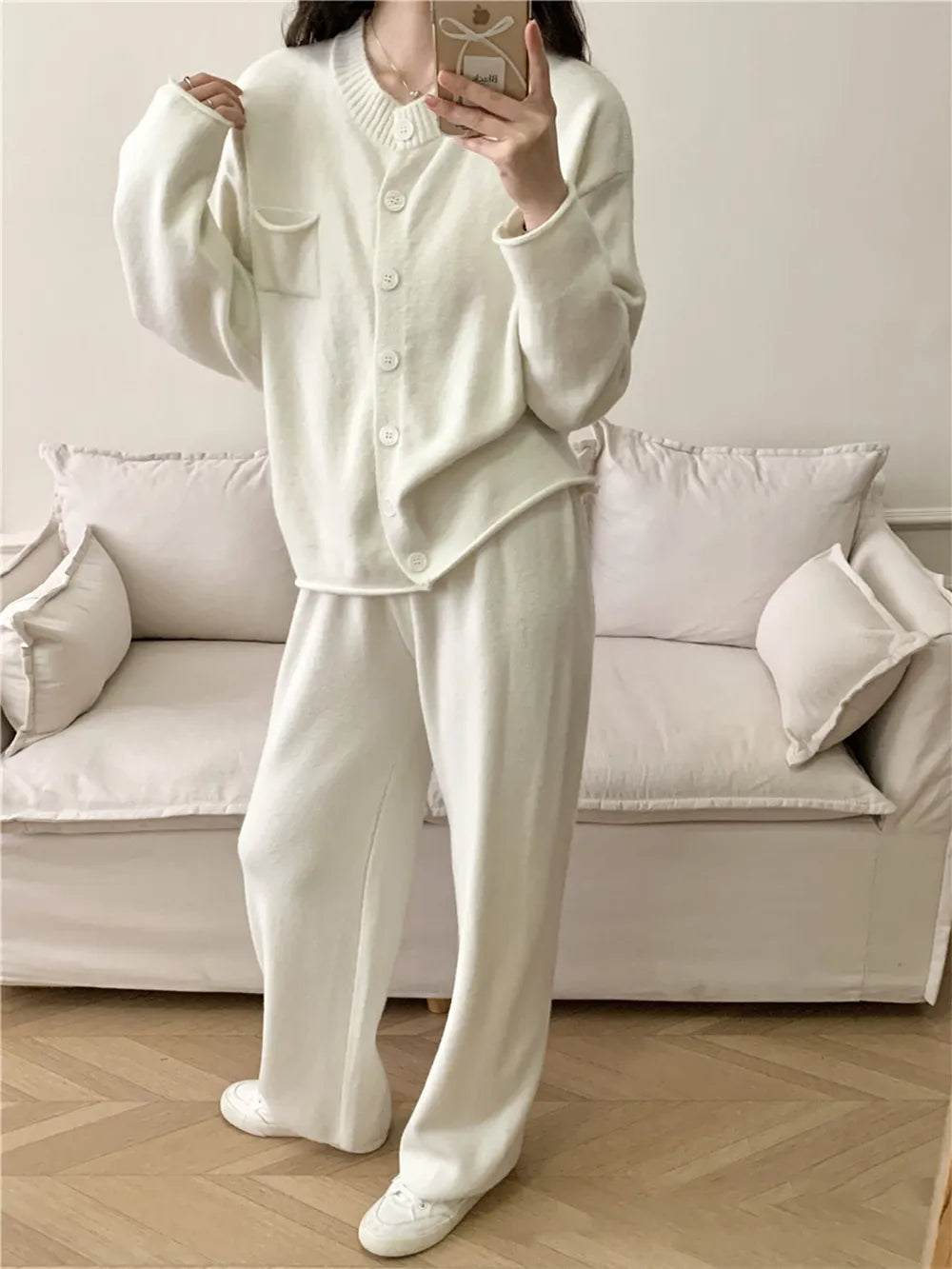 Pocketed Round Neck Button Up Cardigan and Pants Sweater Set-Nordavory