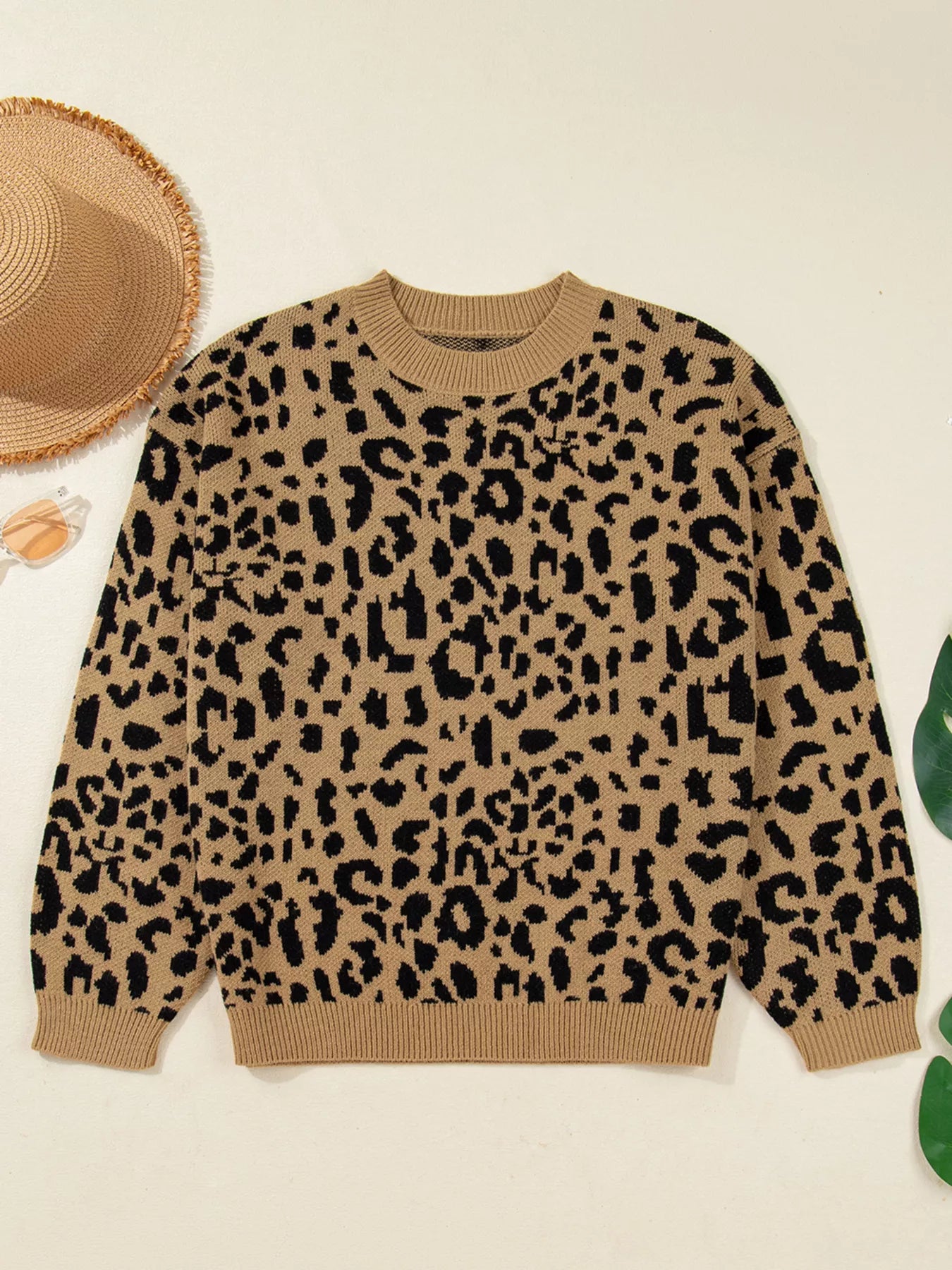Ribbed Trim Round Neck Leopard Drop Shoulder Sweater-Nordavory