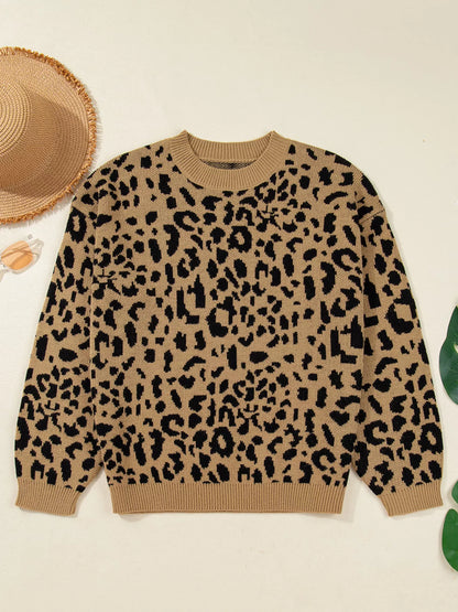 Ribbed Trim Round Neck Leopard Drop Shoulder Sweater-Nordavory