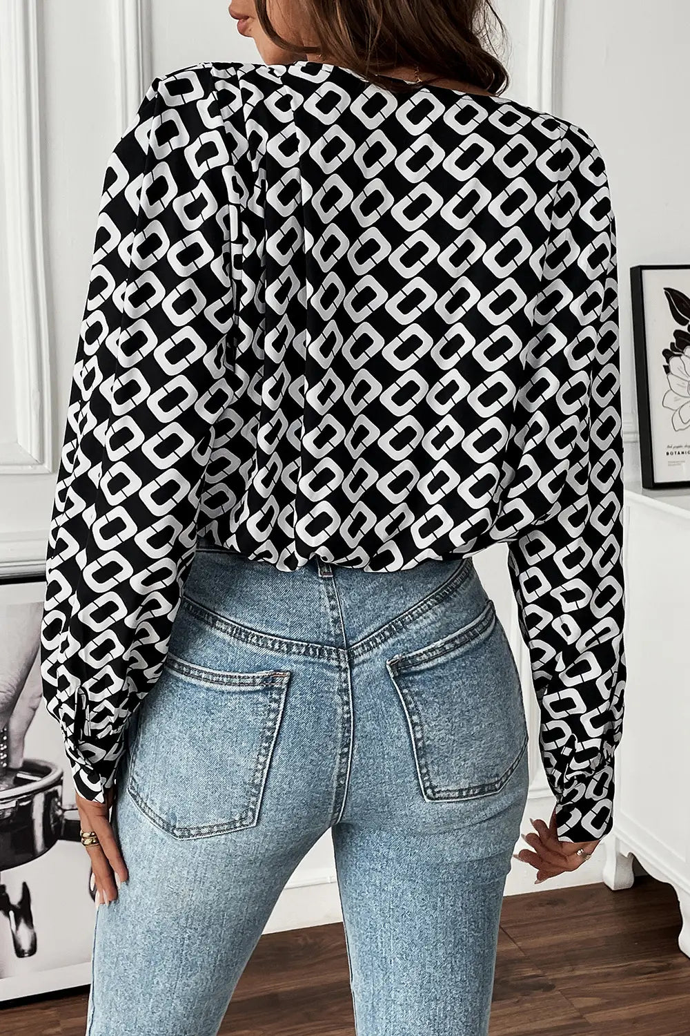 Perfee Geometric V-Neck Long Sleeve Blouse-Nordavory