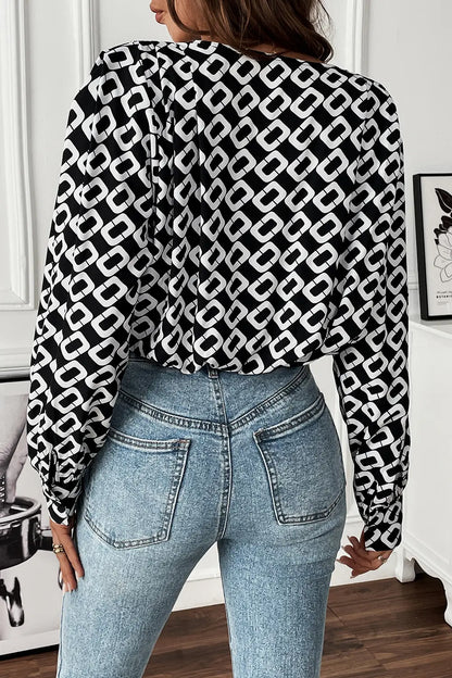 Perfee Geometric V-Neck Long Sleeve Blouse-Nordavory