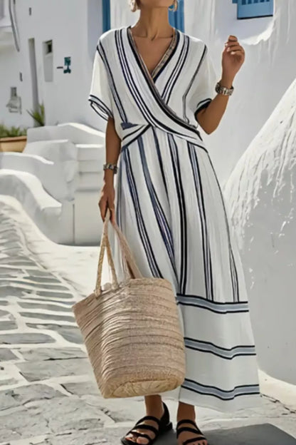 Striped Wrap Half Sleeve Maxi Dress-Nordavory