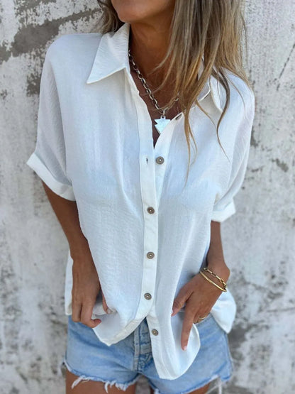 Full Size Collared Neck Half Sleeve Shirt Plus Size-Nordavory