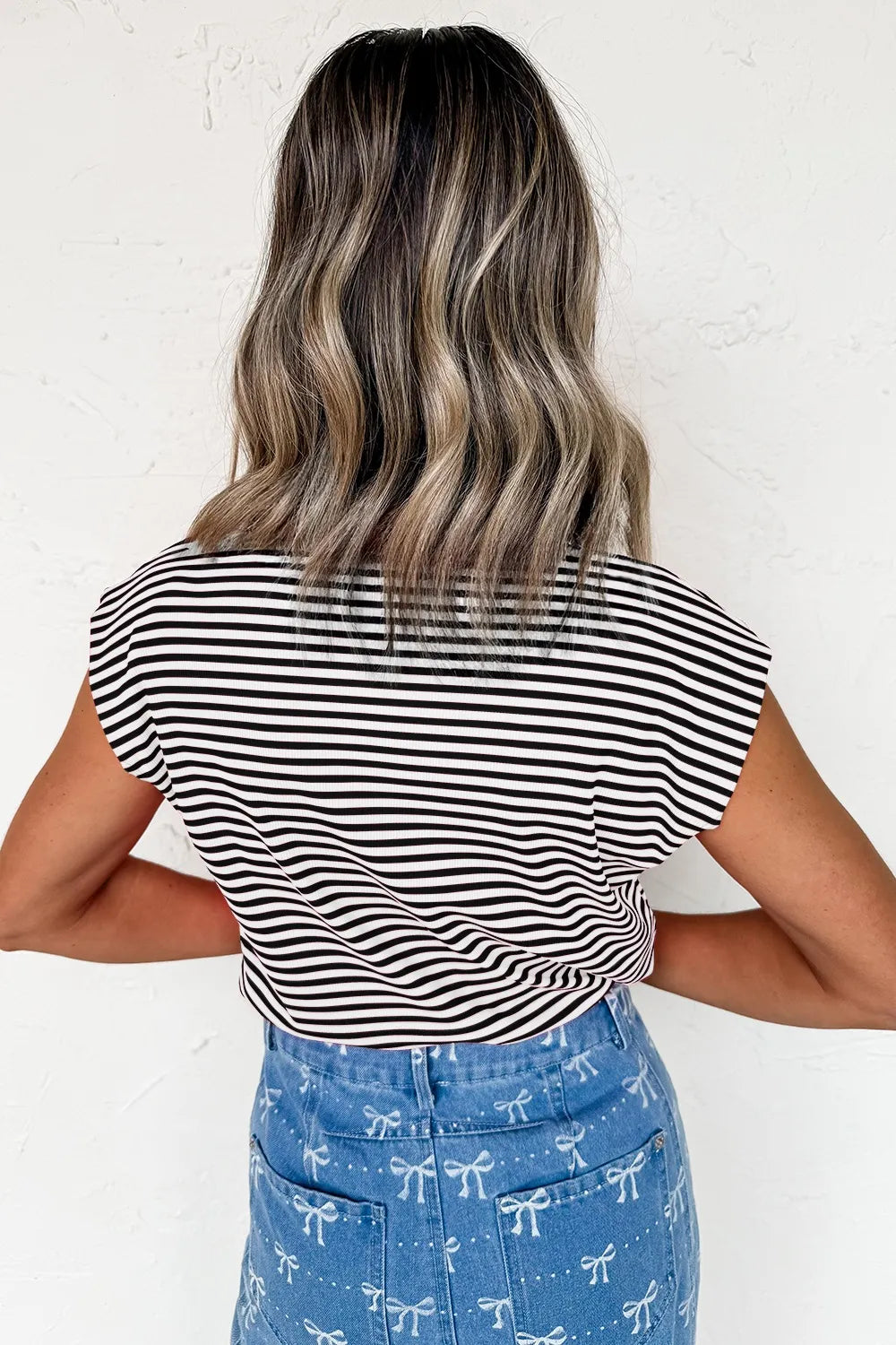 Striped Round Neck Cap Sleeve T-Shirt-Nordavory