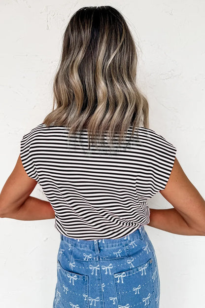 Striped Round Neck Cap Sleeve T-Shirt-Nordavory