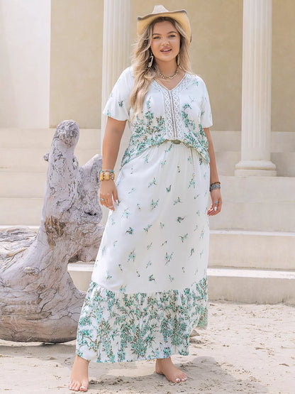 Plus Size Printed Lace Detail Short Sleeve Top and Skirt Set-Nordavory