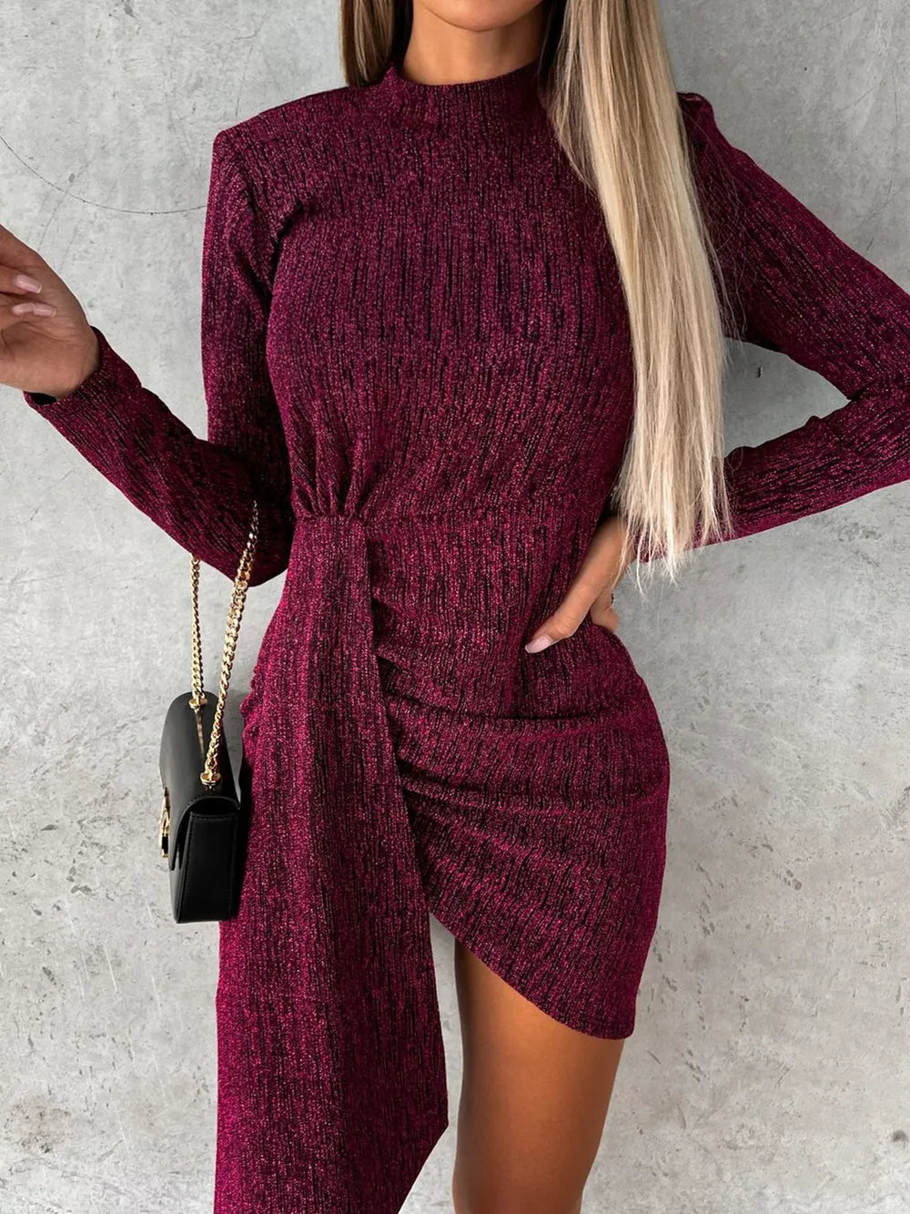 Heathered Mock Neck Long Sleeve Mini Dress-Nordavory