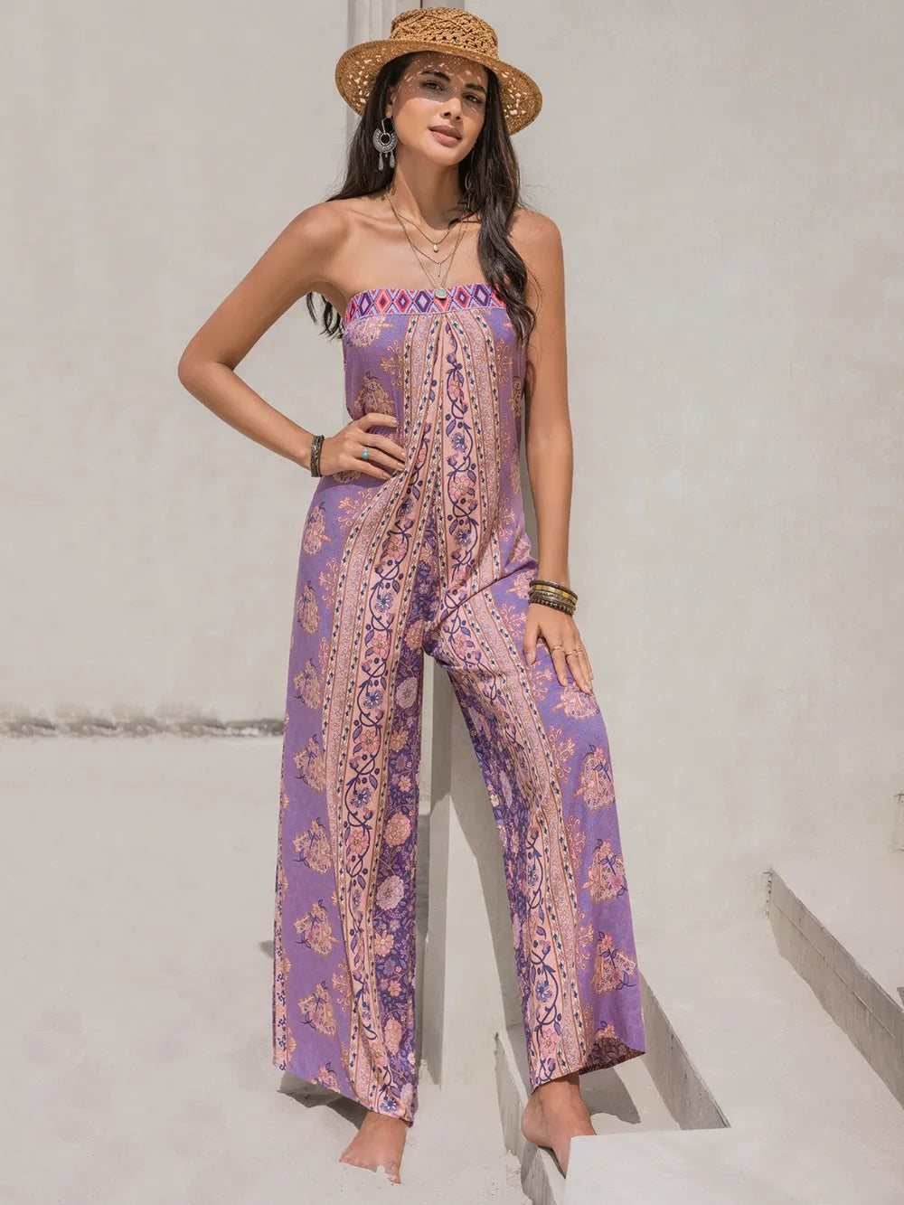 Tied Printed Tube Wide Leg Jumpsuit-Nordavory