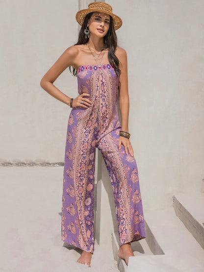 Tied Printed Tube Wide Leg Jumpsuit-Nordavory