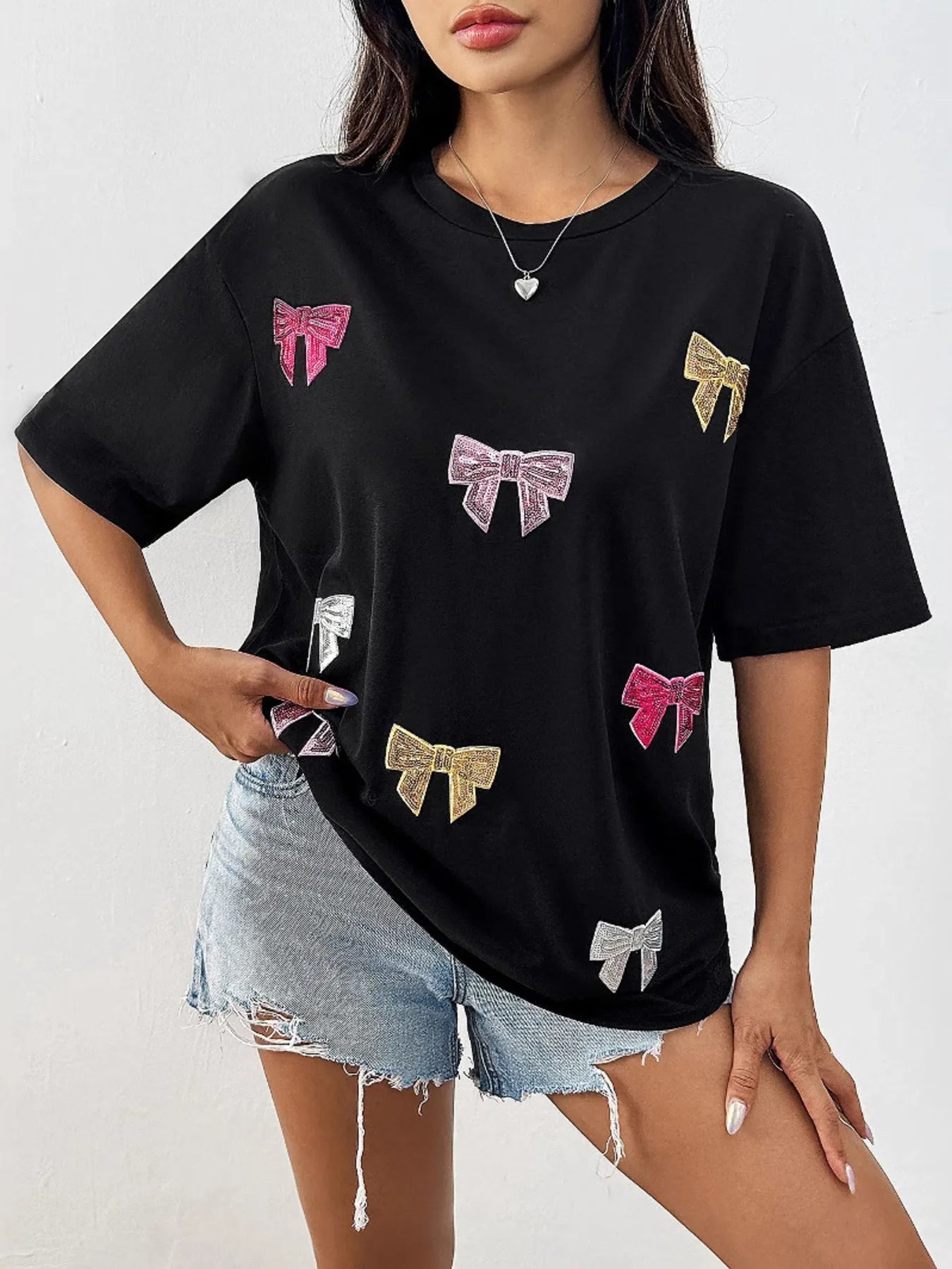Sequin Bow Round Neck Short Sleeve T-Shirt-Nordavory