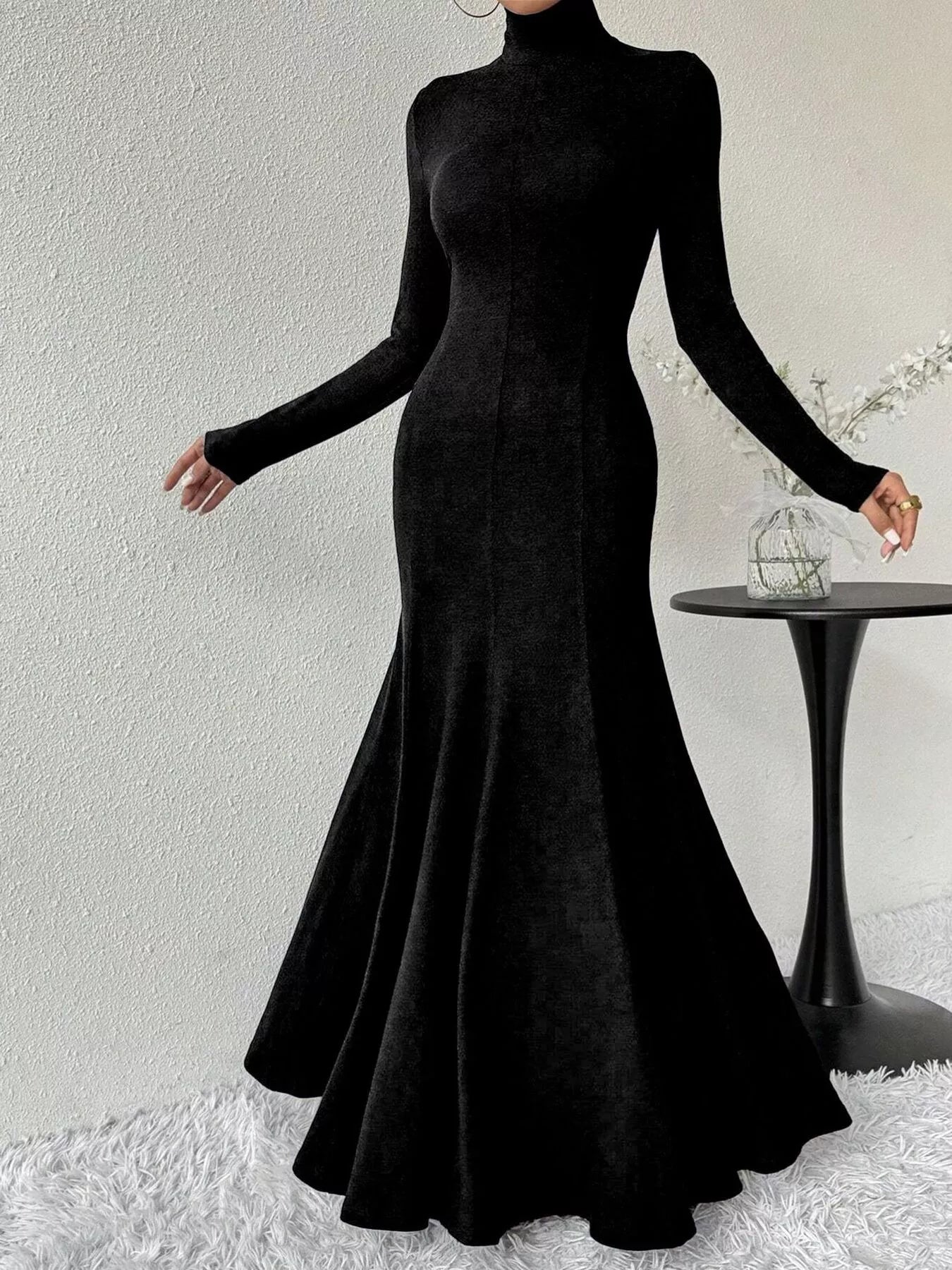 Turtleneck Long Sleeve Maxi Mermaid Dress-Nordavory