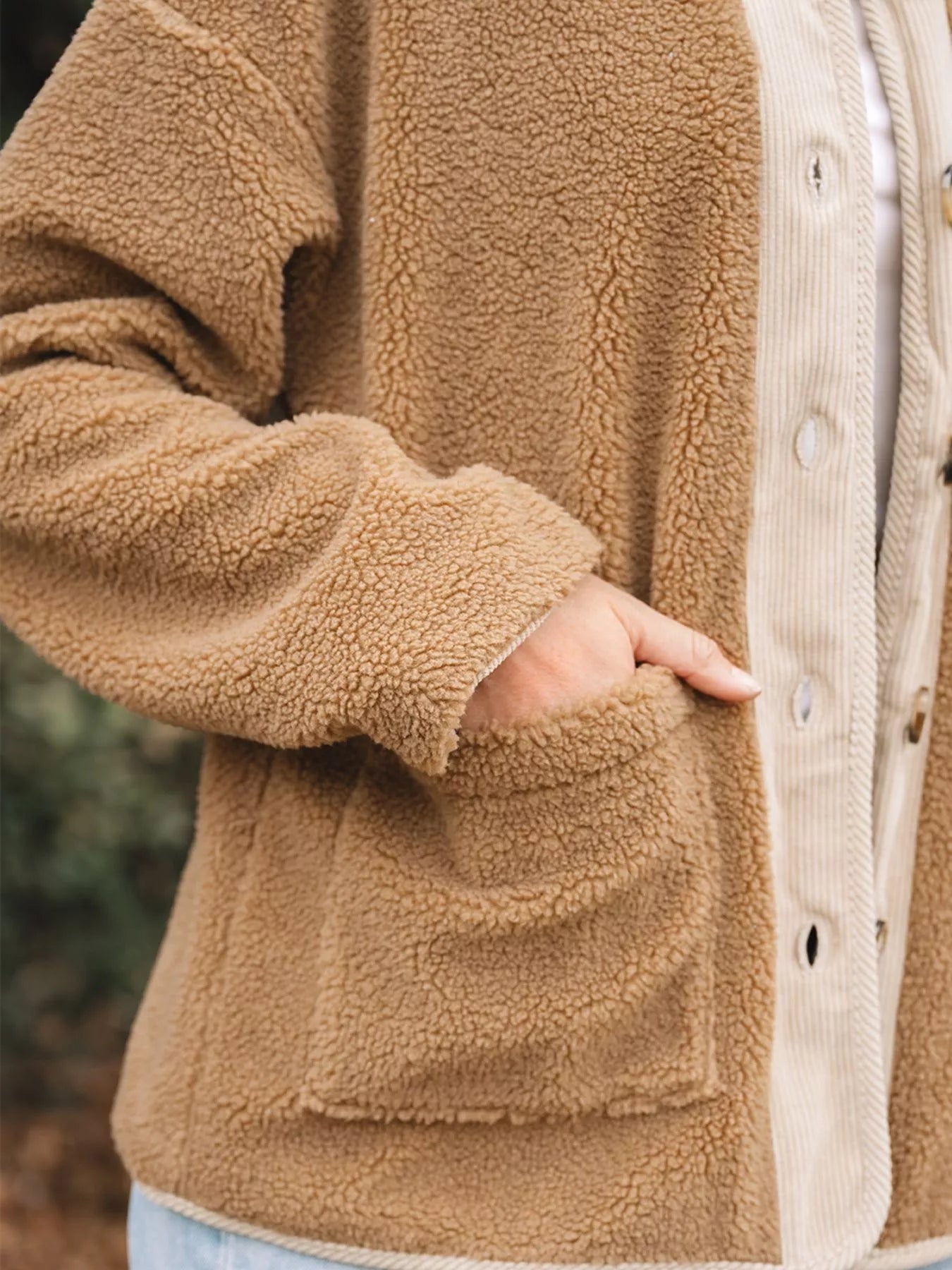 Puffy Plush Corduroy Edge Patchwork Jacket with Pockets-Nordavory
