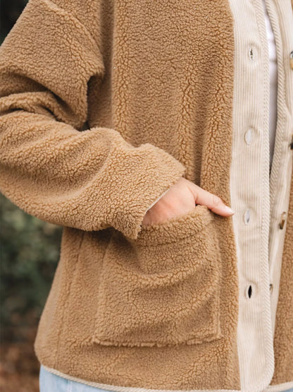 Puffy Plush Corduroy Edge Patchwork Jacket with Pockets-Nordavory