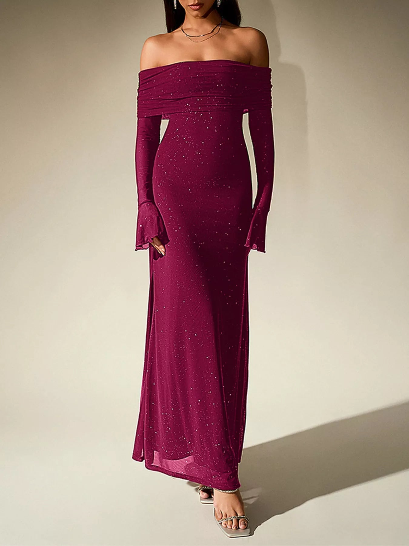 Glitter Off-Shoulder Maxi Dress-Nordavory