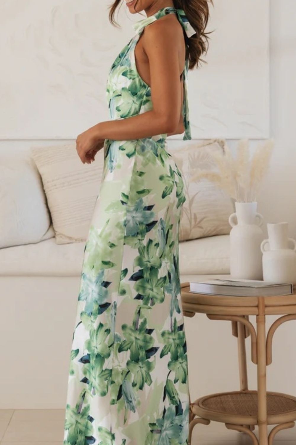 Floral Print Halter Neck Maxi Dress-Nordavory