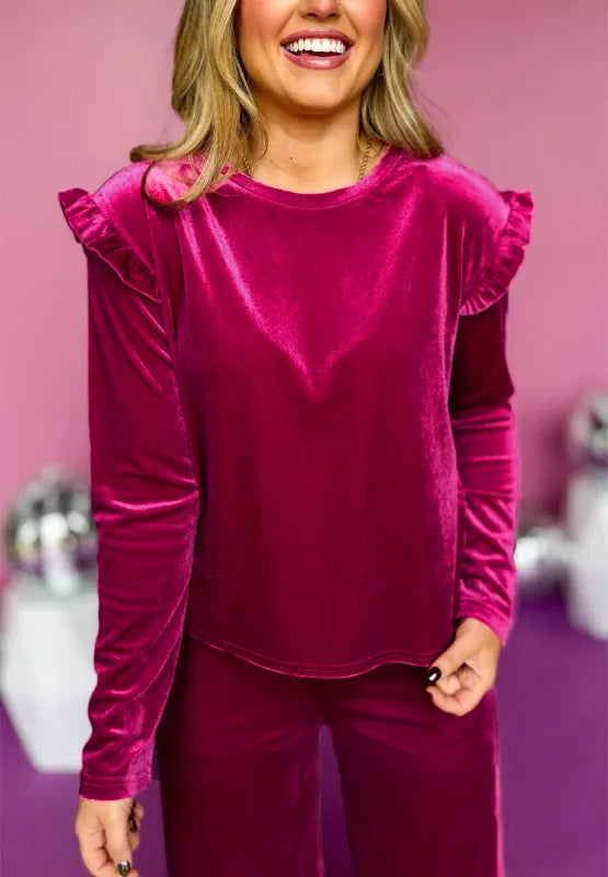 Frill Round Neck Long Sleeve Top and Pants Set-Nordavory