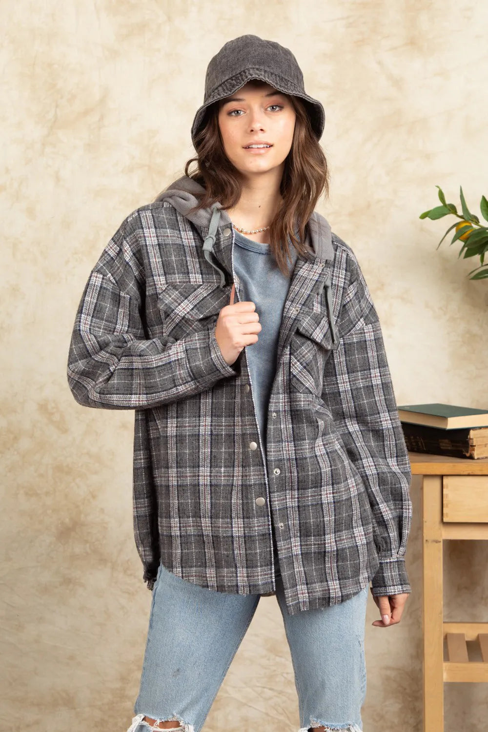 Drawstring Plaid Long Sleeve Hooded Jacket-Nordavory
