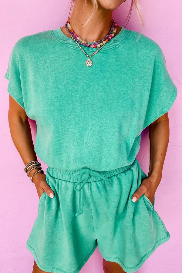 Mineral Wash Hollow Out Back Drawstring Waist Romper-Nordavory