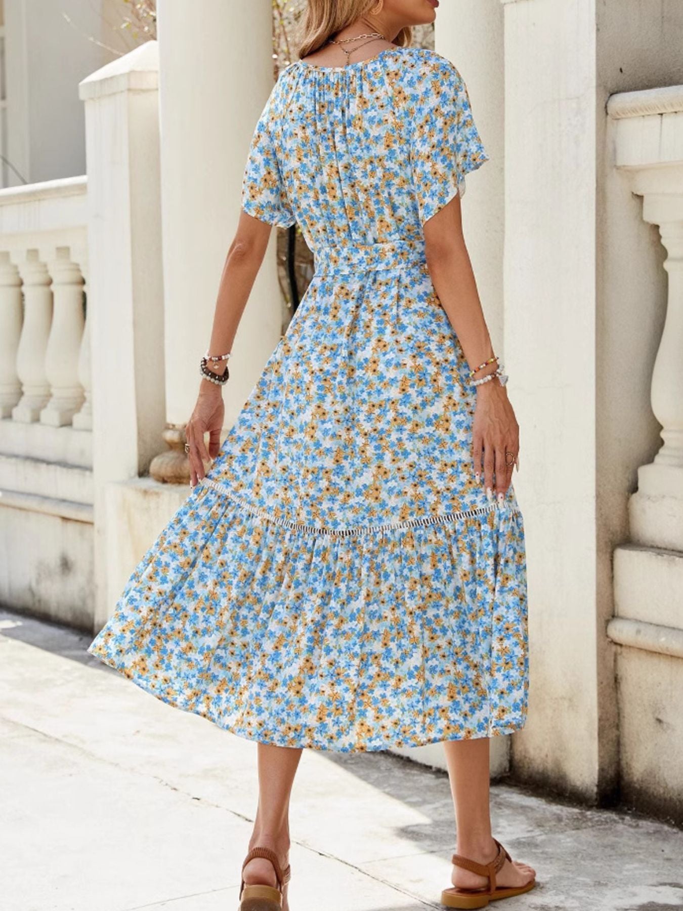 Floral Print Ruffle Hem Tie Front Midi Dress-Nordavory