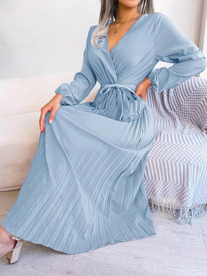 Elegant Pleated Front Tie Long Sleeve Dress-Nordavory