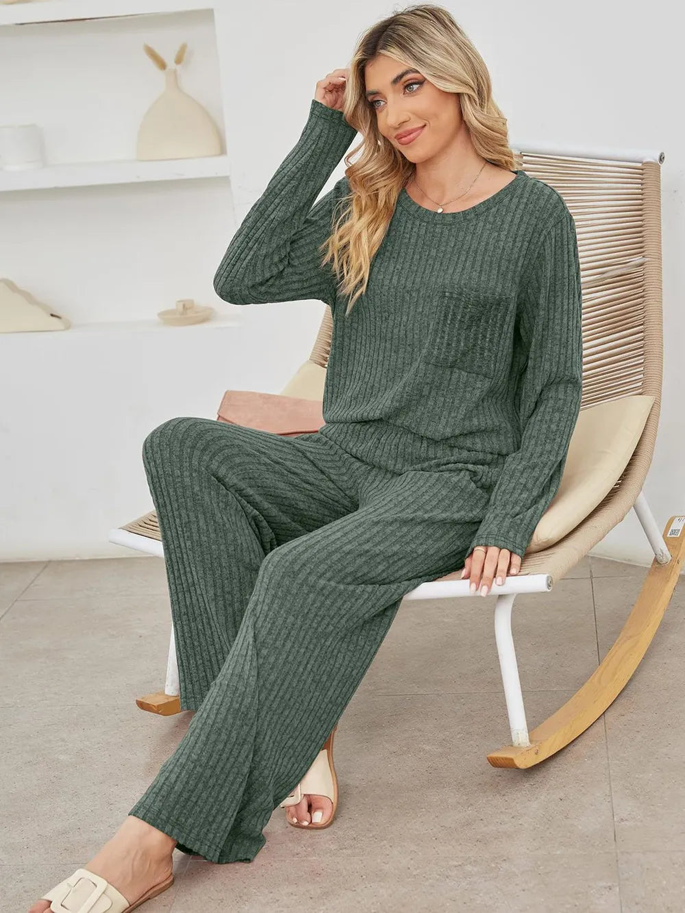 Round Neck Long Sleeve Top and Pants Set-Nordavory