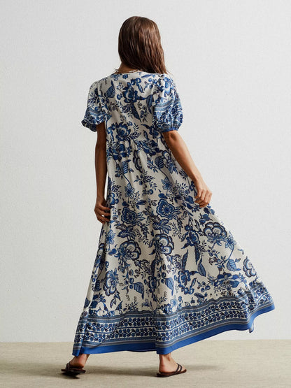 Floral Print Tie-Neck Puff Sleeve Maxi Dress-Nordavory