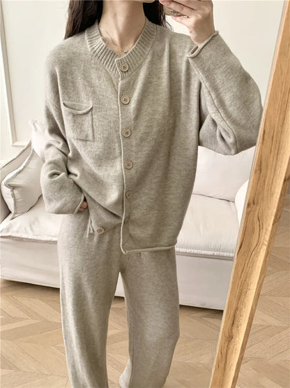 Pocketed Round Neck Button Up Cardigan and Pants Sweater Set-Nordavory