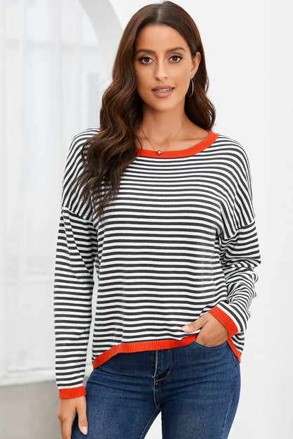 Striped Round Neck Drop Shoulder T-Shirt-Nordavory
