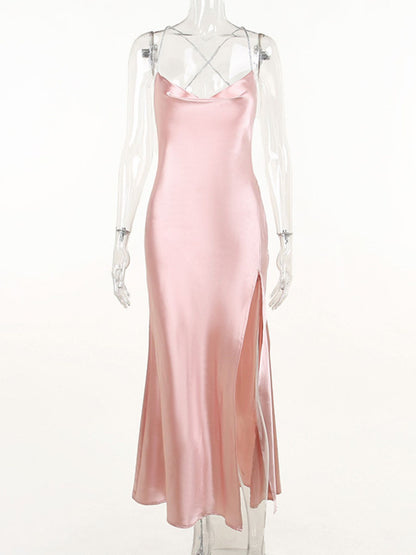 Slinky Satin Cowl Neck High Slit Dress with Back Lace Up-Nordavory