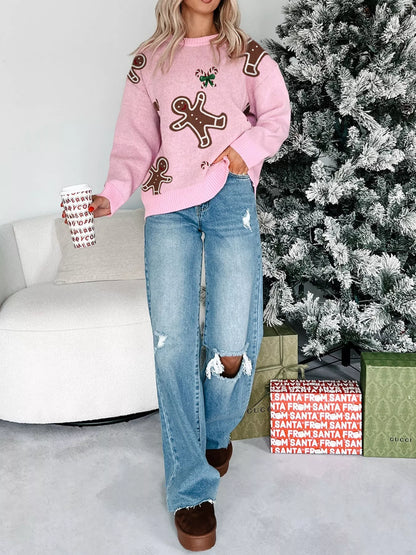 Christmas Ginger Bread Man Round Neck Casual Sweater-Nordavory