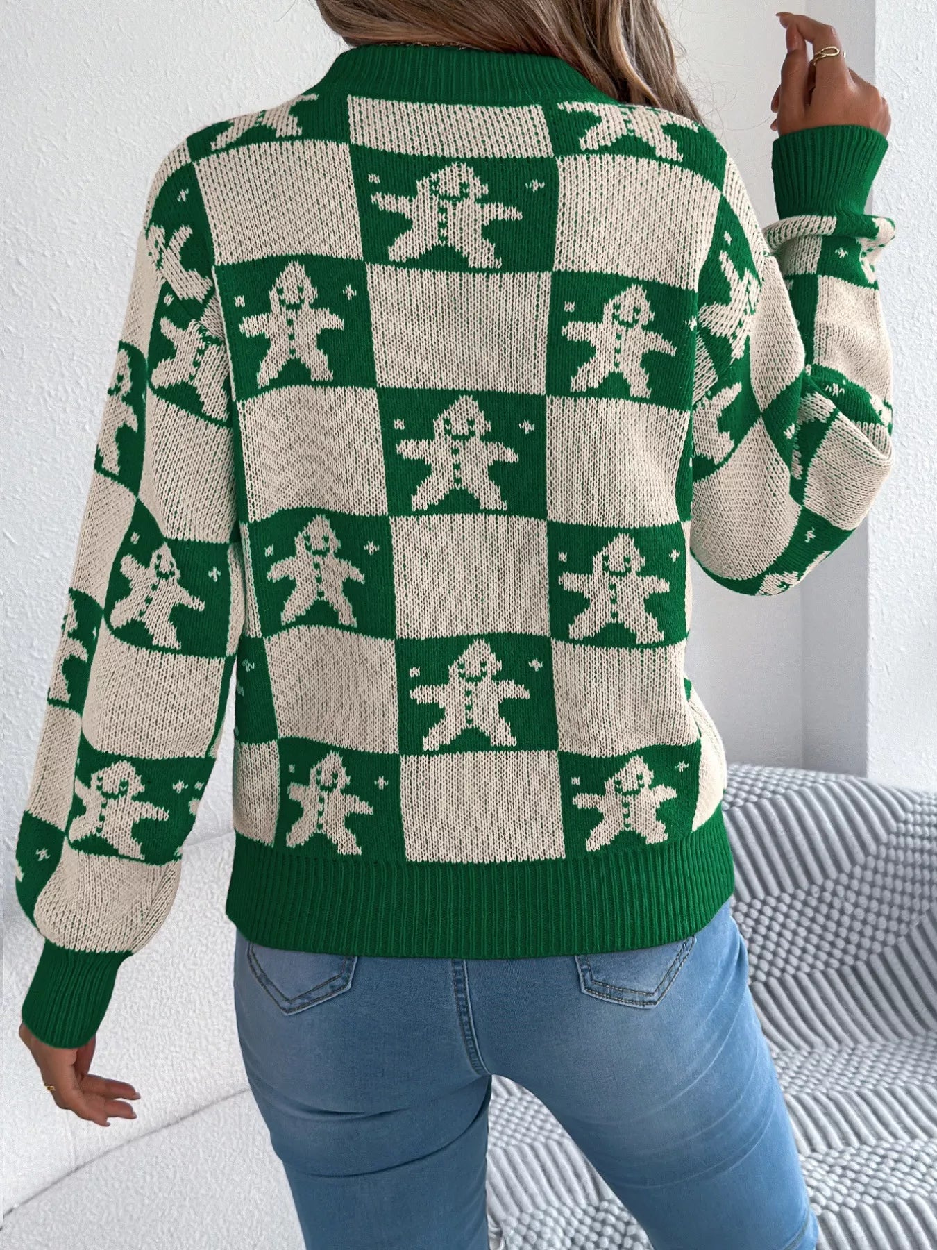 Christmas Checkerboard Gingerbread Round Neck Sweater-Nordavory