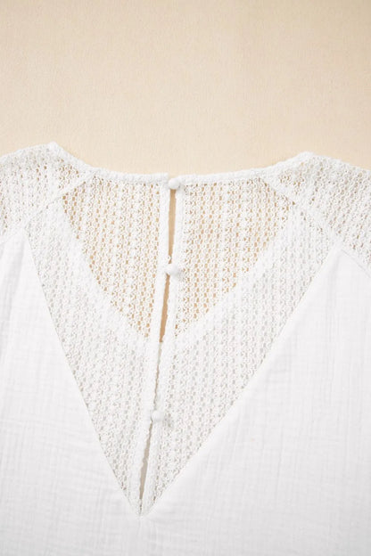 Lace Crochet Textured Button Back V Neck T Shirt-Nordavory