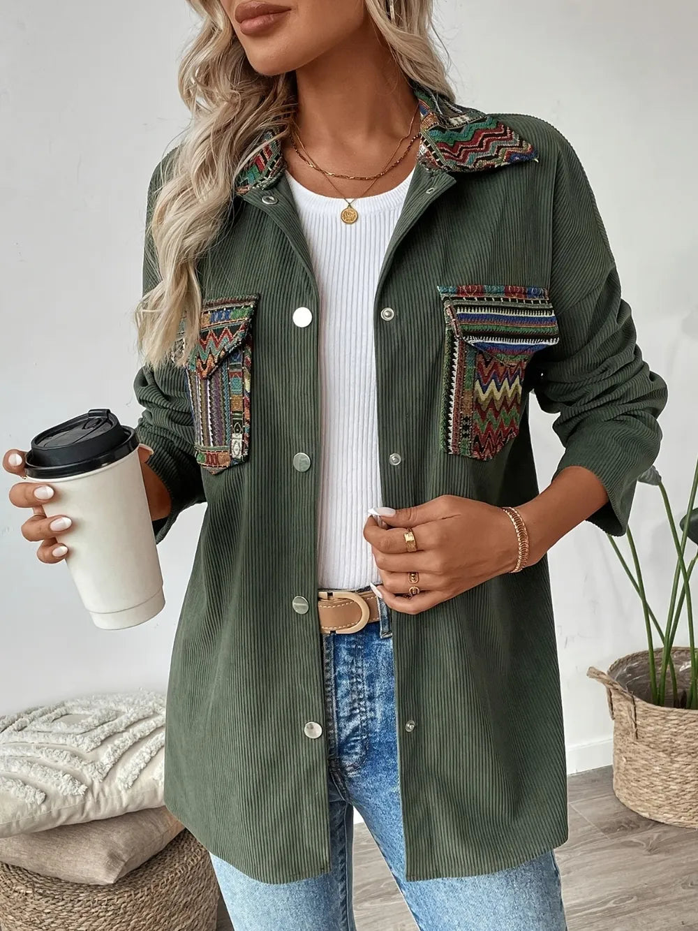 Snap Down Long Sleeve Jacket with Chest Pockets-Nordavory