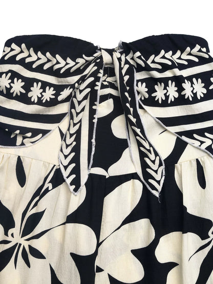 Floral Print Strapless Tie Front Wide Leg Jumpsuit-Nordavory