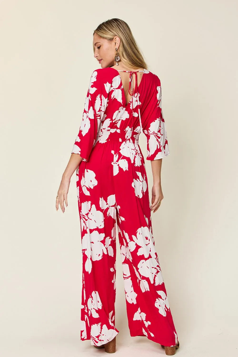 Double Take Full Size Printed Tie Back Wide Leg Jumpsuit-Nordavory