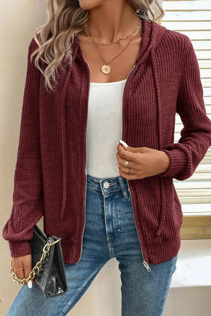 Drawstring Zip Up Long Sleeve Hooded Jacket-Nordavory