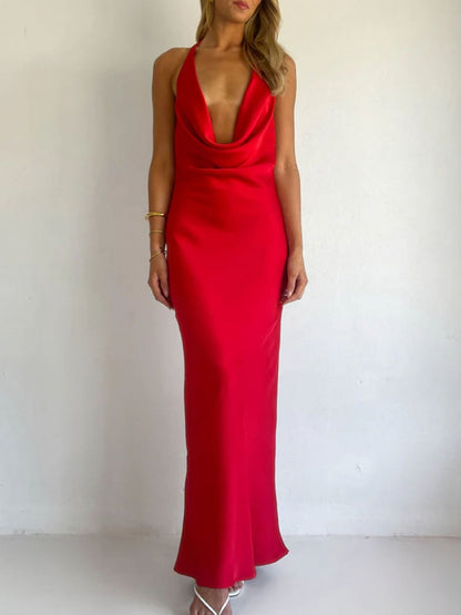 Halter Neck Satin Maxi Dress-Nordavory