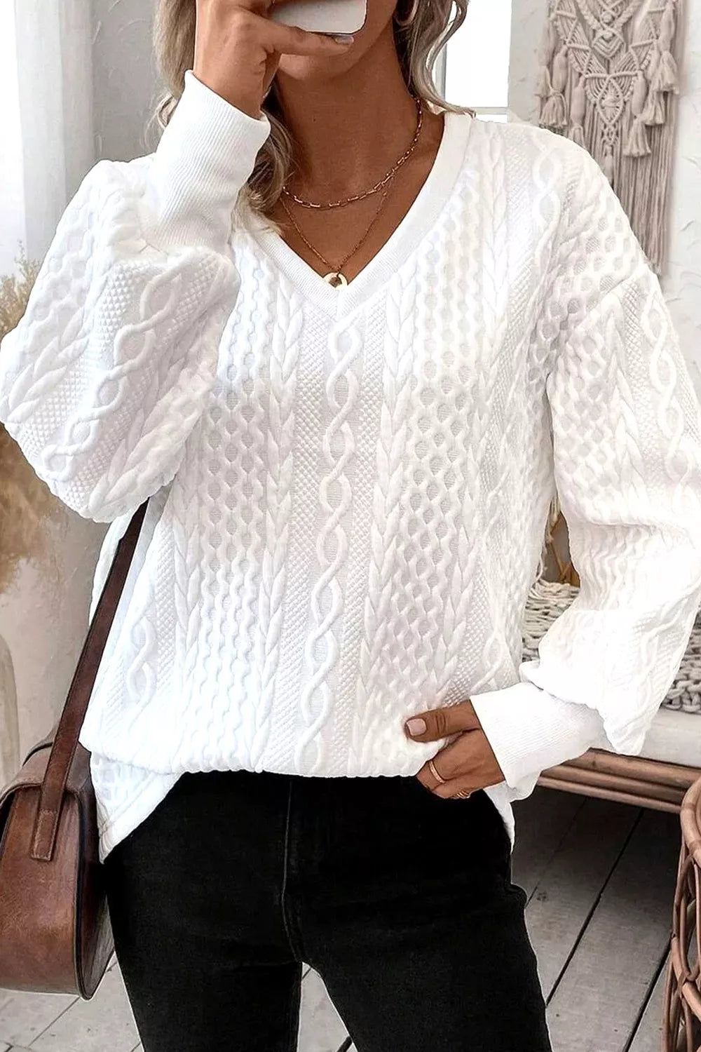 Solid Color Textured V Neck Drop Shoulder Knit Top-Nordavory