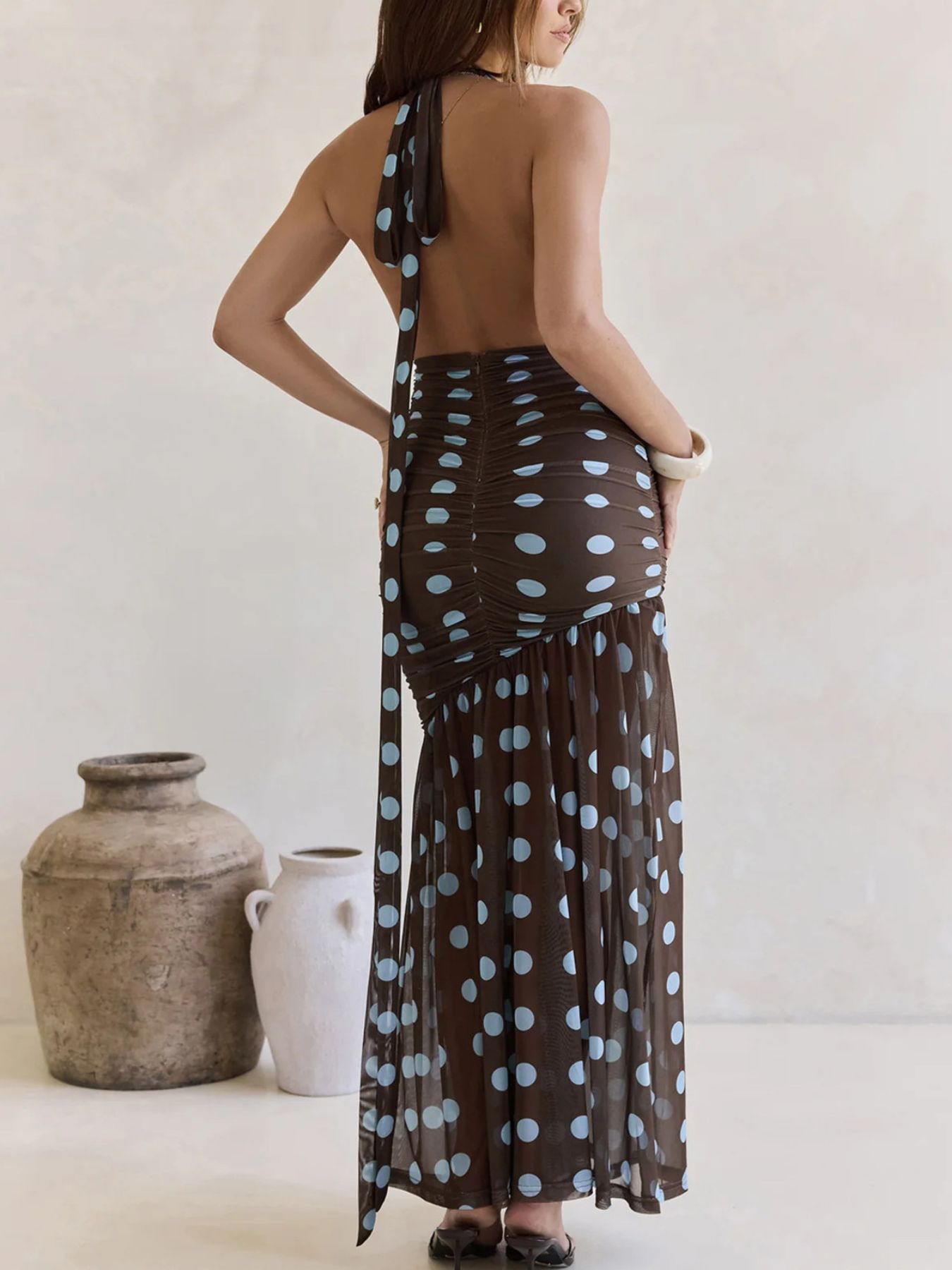 Polka Dot Halter Ruched Maxi Dress-Nordavory
