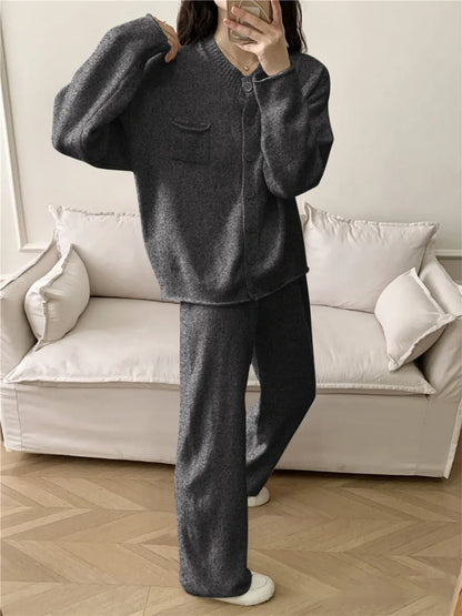 Pocketed Round Neck Button Up Cardigan and Pants Sweater Set-Nordavory